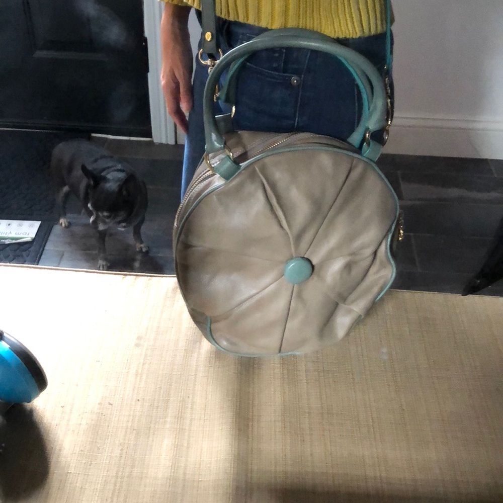 Flasks Laverne gray browne purse, gray blue strap